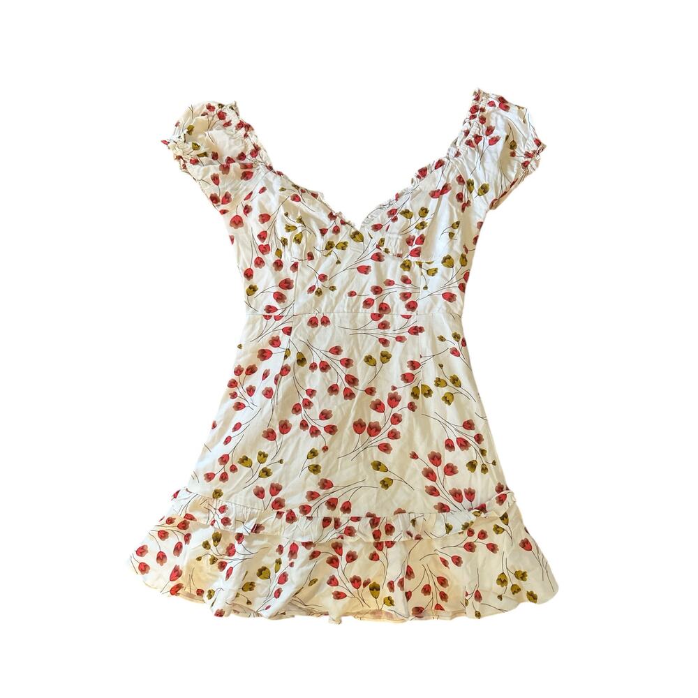 US-4 Princess Polly Floreen Mini Dress White Red Floral Print Cap Slv Sweetheart